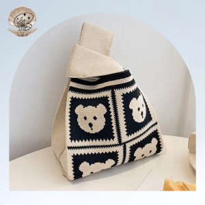 panda bear flower bow tie  Pattern Knitted Satchel Bag, Stylish Crochet Shopping Handbag For Women